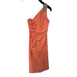 NWT Coral One-Shoulder Dress Rhinestone Shoulder Embellishment Side Ruching XS
